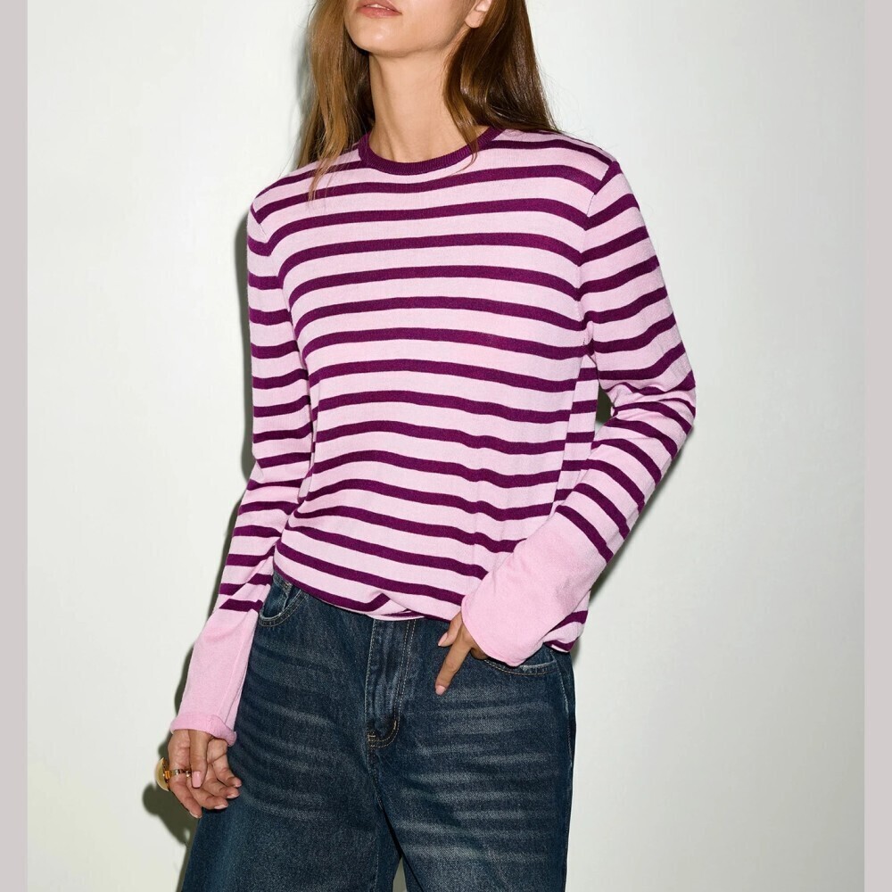 Pink and Purple Striped Ribbed Knit Long Sleeve Crew Neck Tee Top
